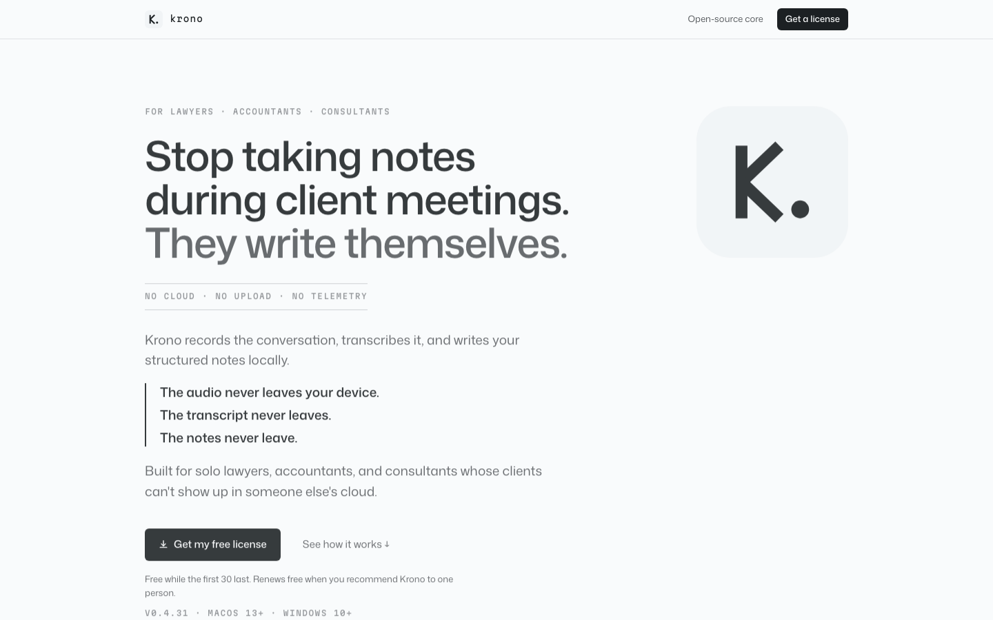 Screenshot of the Krono website